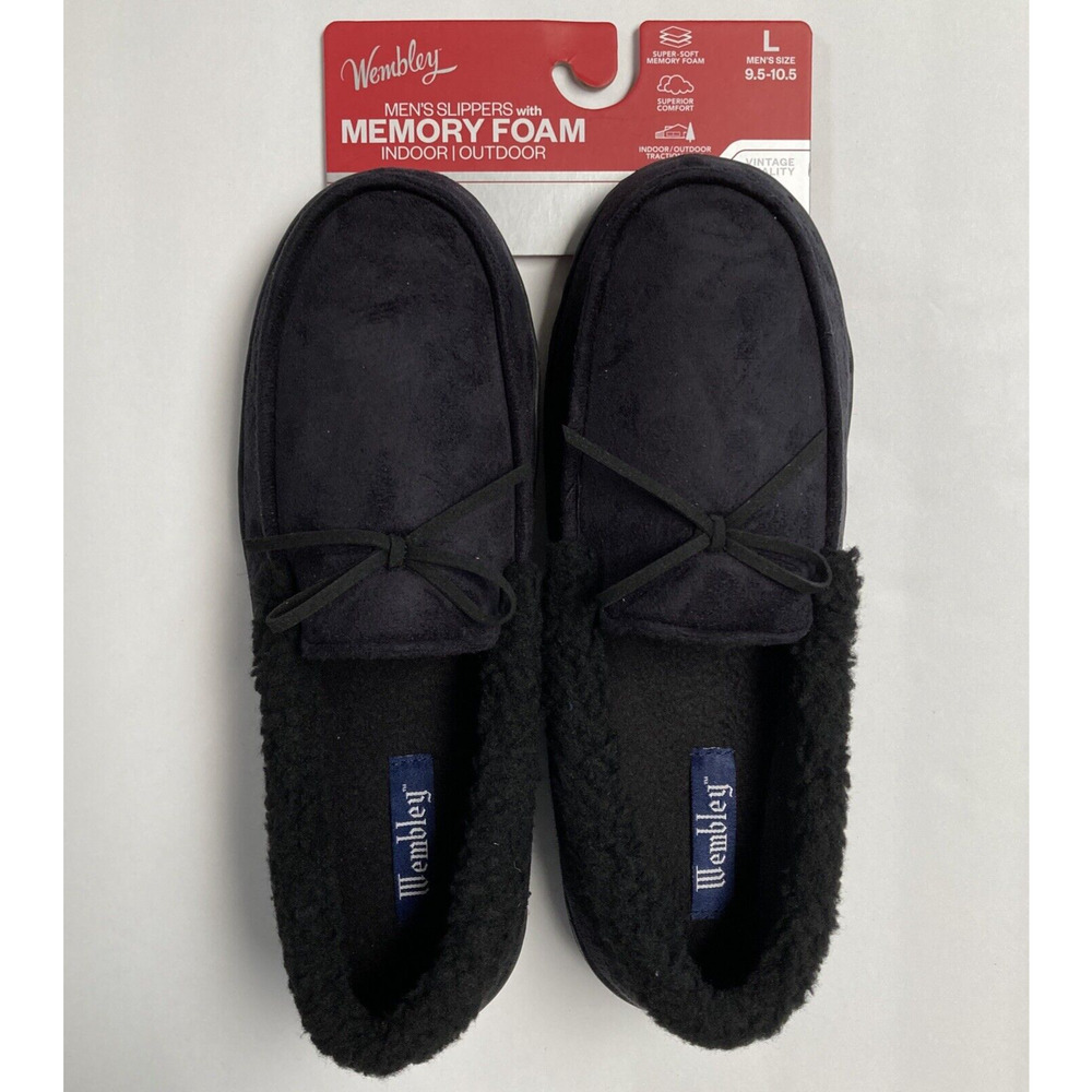 Mens Moccasin Slippers Shoes Black Memory Foam Indoor Outdoor Size L 9.5-10.5